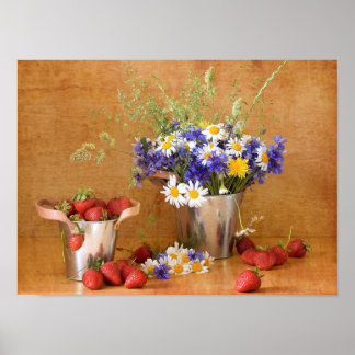 Poster Vie morte avec fraises et fleurs sauvages