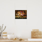 Poster Vie morte de fruits et panier de fleurs (Cuisine)