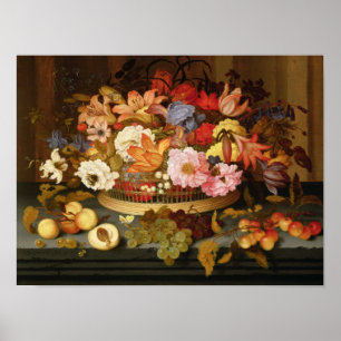 Poster Vie morte de fruits et panier de fleurs