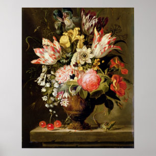 Poster Vie morte des fleurs dans un vase avec un lézard s