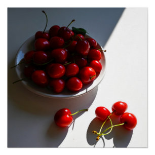 Poster Vie morte esthétique avec cerises mûres sur blanc