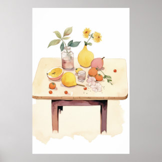 Poster Vie morte Whimsical avec Fruits et Fleurs