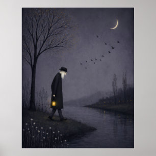 Poster Vieil Homme Marchant le Long d'une Rivière Silenci