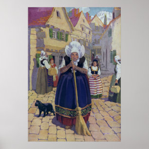Poster Vieille Femme, Chat et Balai Comptine