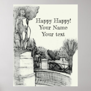 Poster Vieille fontaine dans le parc avec garçon sculpté