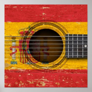 Poster Vieille guitare acoustique avec le drapeau