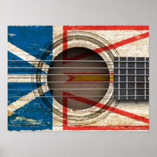 Poster Vieille guitare acoustique avec le drapeau de