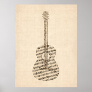 Poster Vieille musique de feuille de guitare acoustique