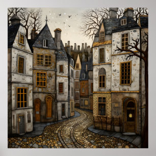 Poster Vieille rue pavée européenne Bâtiments rustiques