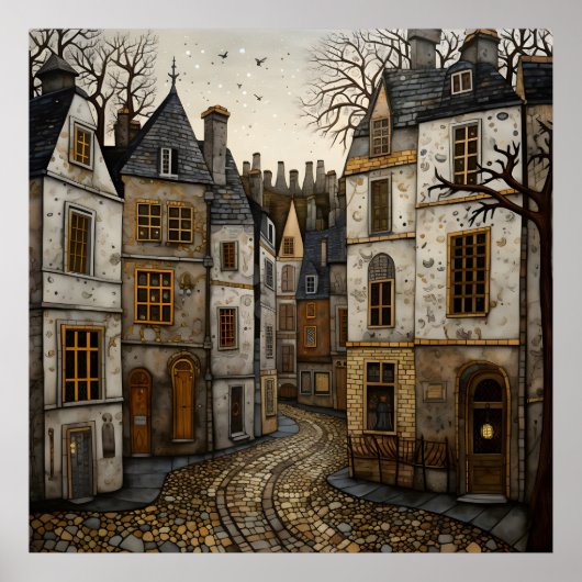 Poster Vieille rue pavée européenne Bâtiments rustiques (Devant)
