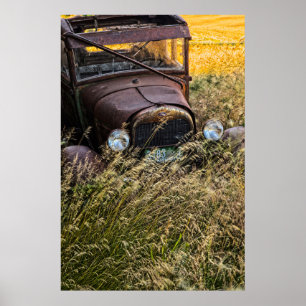 Poster Vieille voiture abandonnée dans les hautes herbes