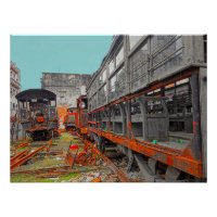 Vieilles locomotives rouillées et wagons