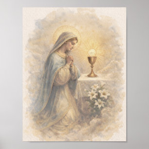 Poster Vierge Marie bénie vintage adorant l'Eucharistie