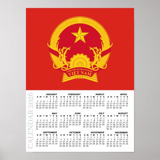 Poster Vietnam 2026 Calendar, Large, Vietnamese Flag (Devant)