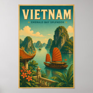 Poster Vietnam baie d'Halong Illustration Voyage Art Rétr