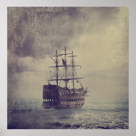 Poster Vieux bateau de pirates en mer. (Devant)