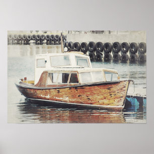 Poster Vieux bateau en bois dans un port Rustique nautiqu