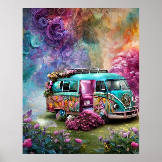 Poster Vieux fourgon de Combi rouillé avec fleurs 1970 Po (Devant)