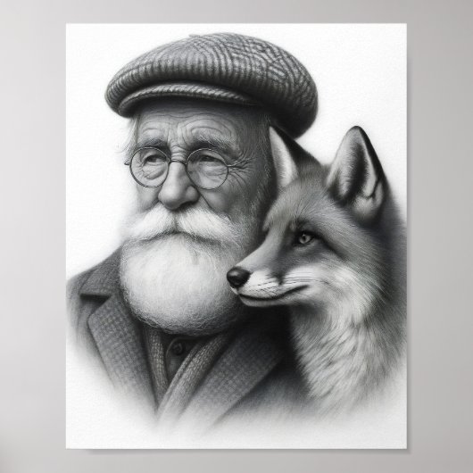Poster Vieux homme avec Fox Classic Noir & Blanc Crayon A (Devant)