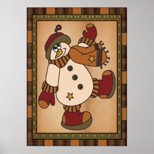 Poster Vieux mode Stylisé Snowman Art en Plaid