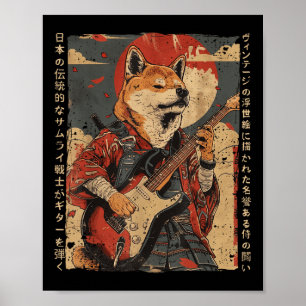 Poster Vieux Oeuvre Japonaise Samurai Chien Jouant L'Élec