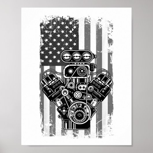 Poster Vieux Piston de Voiture de Muscle de Drapeau Améri (Devant)