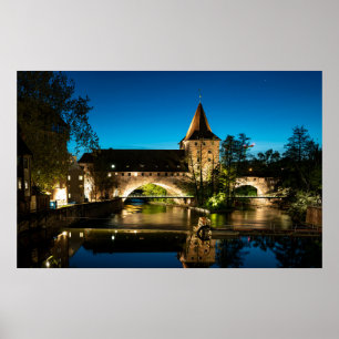 Poster Vieux pont médiéval la nuit à Nuremberg