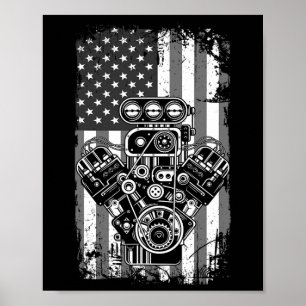 Poster Vieux Véhicule Musclé Piston Drapeau Américain Drô