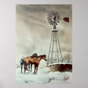 Poster VIEUX WINDMILL & CHEVAUX par SHARON SHARPE