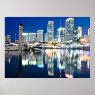 Poster View of skyline with reflection in water, Miami