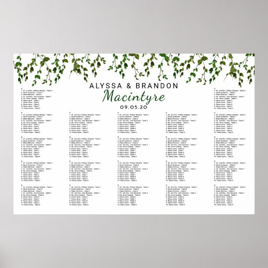 Poster Vignes vertes Mariage Réception Seating Chart (Devant)