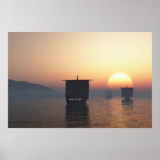 Poster Viking Longships au coucher du soleil (Devant)