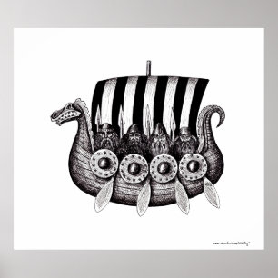 Poster Vikings dans le dessin noir et blanc d'encre de