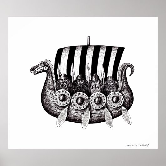 Poster Vikings en Drekar dessin à encre noire et blanche (Devant)