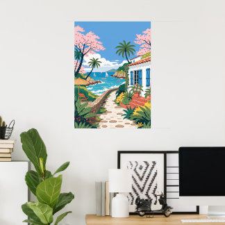 Poster Villa Tropicale au Bord de la Plage avec Bateaux