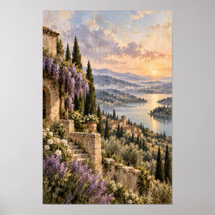 Poster Village au bord du lac au coucher du soleil avec w