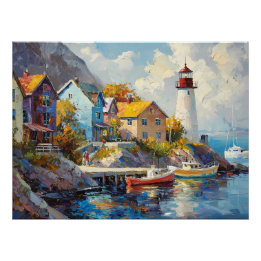 Poster Village balnéaire avec maisons colorées et phare