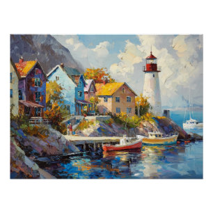 Poster Village balnéaire avec maisons colorées et phare