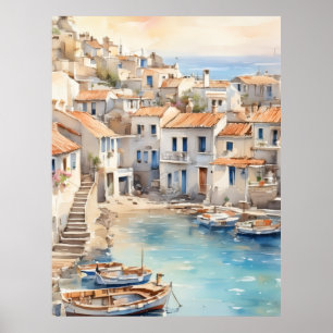 Poster Village bohème méditerranéen aquarelle