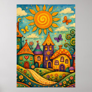 Poster Village de conte de fées fantaisiste Art sur toile