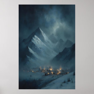 Poster Village de montagne enneigé gelé sous le crépuscul