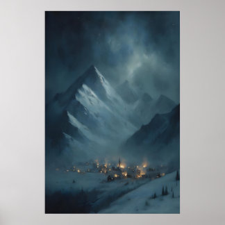Poster Village de montagne enneigé gelé sous le crépuscul