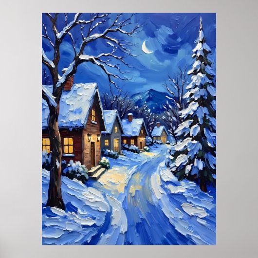 Poster Village de neige en nuit (Devant)