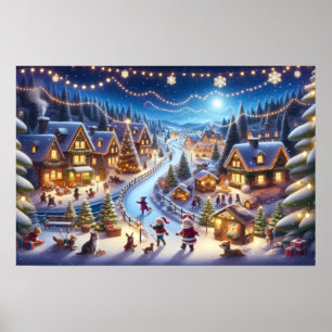 Poster Village de Noël hivernal festif de nuit