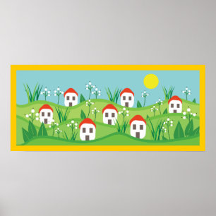 Poster Village de printemps, toit rouge maisons personnal