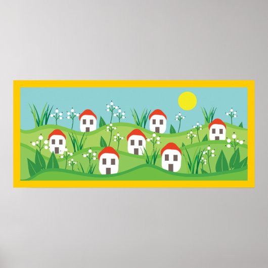 Poster Village de printemps, toit rouge maisons personnal (Devant)