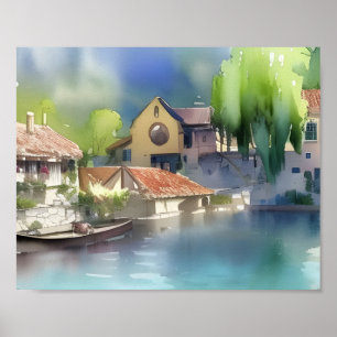 Poster Village de rivière allemand aquarelle