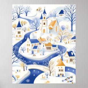 Poster Village d'hiver avec rivière Winding et église