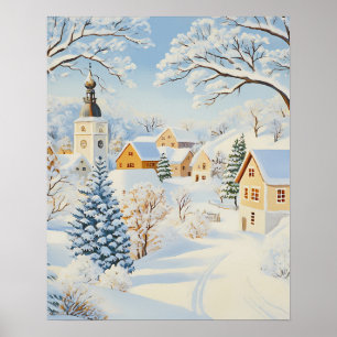 Poster Village d'hiver classique avec église enneigée et