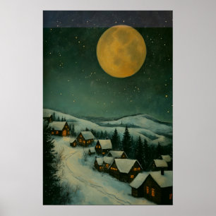 Poster Village d'hiver de la Lune dorée Nuit enneigée imp